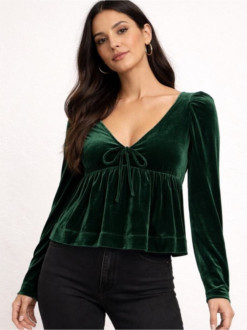 Anthropologie Maeve Emerald Green Velvet Tie-Front Babydoll Peplum Blouse